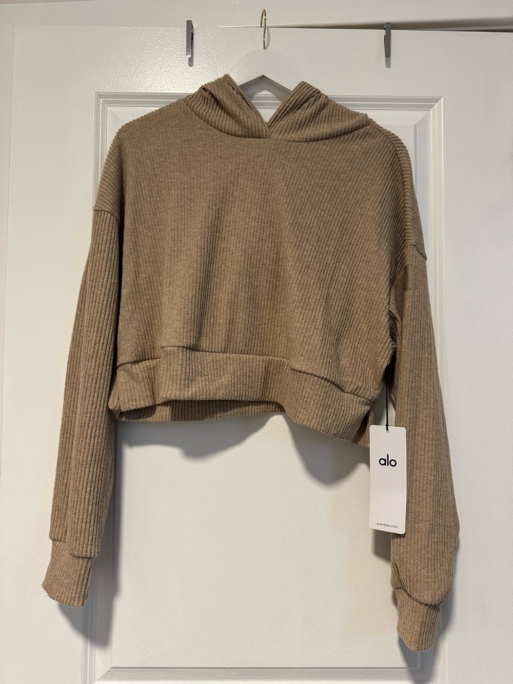 ALO Yoga Muse Cropped Ribbed Hoodie in Gravel Heather